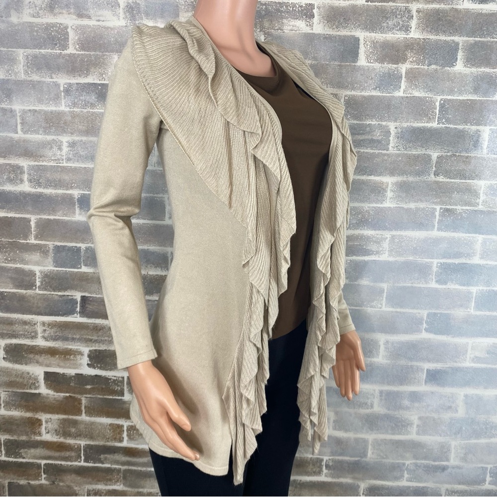 2 Pieces - Brown Short Sleeve Shell & Long Cascade Ruffled Open Cardigan in Tan